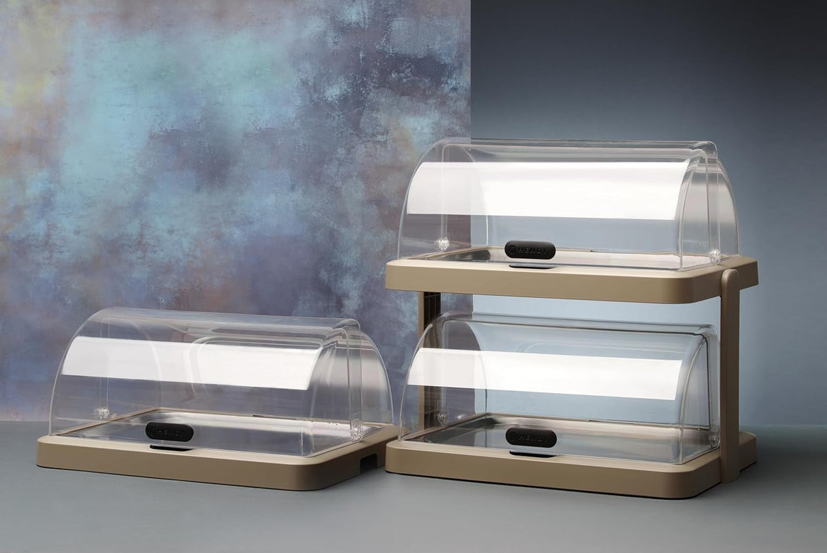 HENDI Buffetvitrine, UNIQ, dubbel, met serveer trays en koelelementen, transparante rolltop, koeldisplay, koelvitrine, buffet display, 480x355x(H)480mm, roestvast staal, ABS, PET, beige