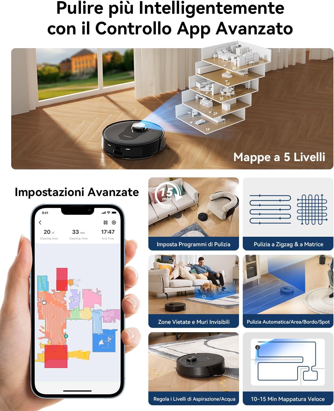 Proscenic Q8 Max Robotstofzuiger met dweilfunctie, 6000 Pa, 200 min stofzuiger, robot met afzuigstation, 3 liter stofzak, intelligente lasernavigatie met 5 kaarten, bediening via app, Alexa, Google