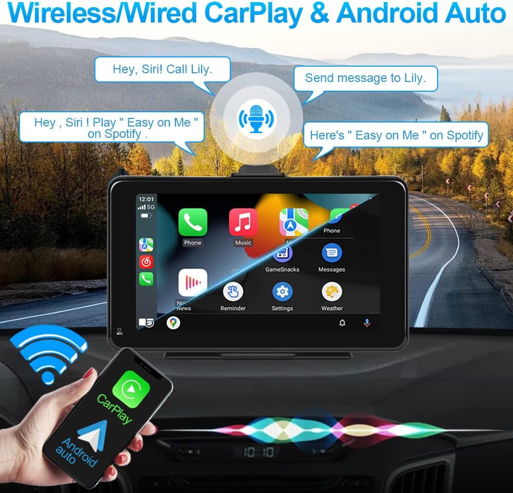 Podofo Nieuwe Draagbare Sutoradio 7 inch Autoradio-Ontvanger met Draadloze Apple Carplay Android Auto Apple Airplay, Bluetooth,Spiegellink,FM-radio,Dashboard Voorruit Verticaal of Zuignaphouder