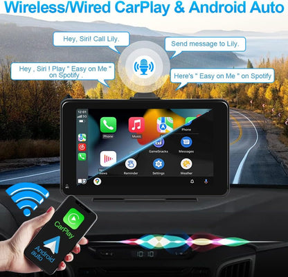 Podofo Nieuwe Draagbare Sutoradio 7 inch Autoradio-Ontvanger met Draadloze Apple Carplay Android Auto Apple Airplay, Bluetooth,Spiegellink,FM-radio,Dashboard Voorruit Verticaal of Zuignaphouder