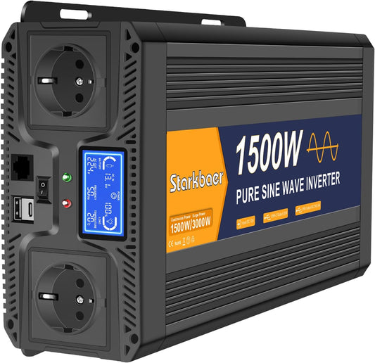 1500W omvormer 12V naar 230V zuivere sinus Spanningsomvormer stroomomvormer Pure Sine Wave Inverter, met LCD afst.bed., 2EU stopcont, USB+Type-c, voor auto/caravan/vrachtwagens/camping