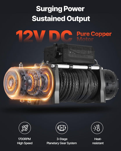 VEVOR Electric Winch Load 6100 kg for 12V DC Truck with Steel Cable Diameter 9.5 mm x 26 m, Wireless and Wired Remote Control, IP55 Waterproof for Towing SUVs, Jeeps
