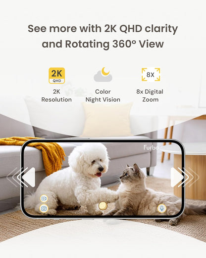 Furbo Mini 360° NIEUWE Pet Camera: Home Security Camera w/Barking/Meowing Alerts, Rotating Pet Treat Dispenser w/Phone App, Smart Indoor Cam with 2-Way Speaker & Night Vision (Geen abonnement vereist)