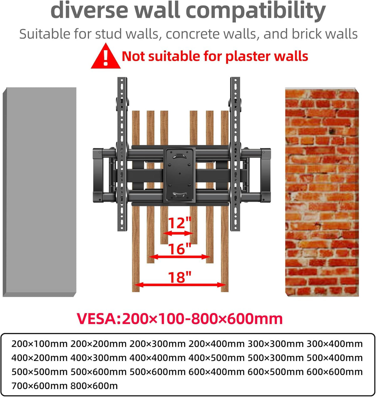 85 86 90 98 Full Motion TV Muurbeugel voor 55-100 Inch Televisie LED, Dual Articulating Arms Heavy Duty Mount, Swivel Tilt tot 80kg (176 lbs) Max VESA 800x600mm DY999
