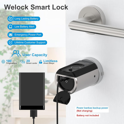 Welok Touch41 Deurslot, vingerafdruk met wifibox 3, elektronisch deurslot met RFID-kaart, bluetooth, wifi, afstandsbediening IP65, werkt met Alexa, verstelling voor deuren van 50-100 mm