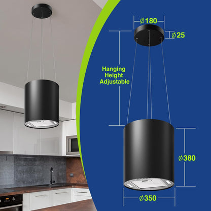 SNDOAS eilandafzuigkap, 700 m³/u, afzuigkap Ø 35cm met 2 koolstoffilters, afstandsbedieninge, 3 snelheden, led-verlichting, 55 dB, zwart