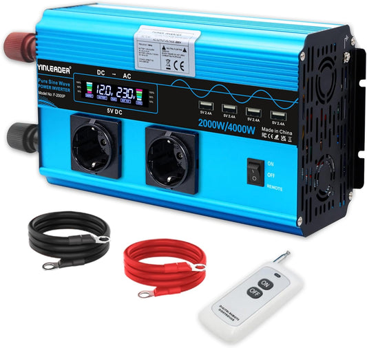 Yinleader Inverter 2000 W / 4000 W pure sine wave voltage converter 12 V 230 V with 2 Euro sockets and 4 USB connections