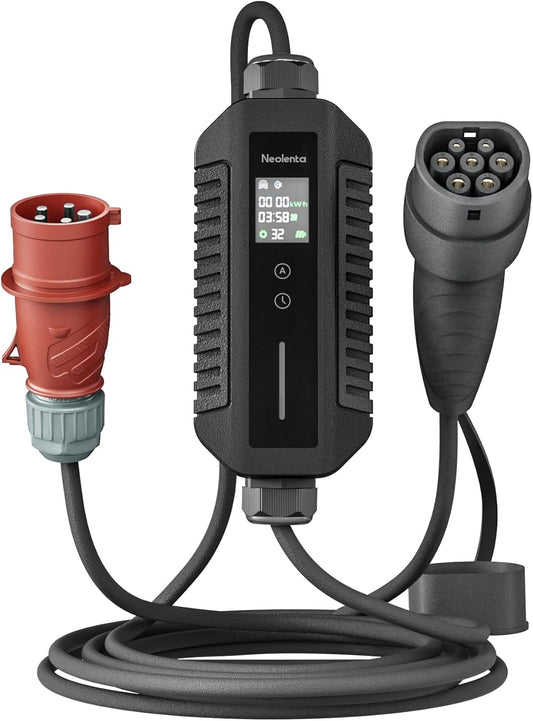 Mobiele Wallbox/laadstation 22kW 3-fasig 32A 6m met stroommeter CEE 32A naar type 2 en EV oplader