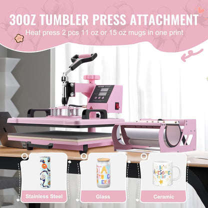 VEVOR 5-in-1 hittepers, dienblad 30 x 38 cm, textielsublimatiemachine met 89 cl bekerpers, 360 graden draaibaar, nauwkeurige digitale bediening, doe-het-zelf T-shirts/hoeden/kopjes/borden, roze