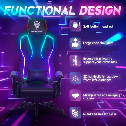 Dowinx LED Gaming Chair with Adjustable 5D Armrests, RGB Ergonomic PU Leather Gaming Chair with Adjustable Lumbar Support for Adults (Red) - QUORE
