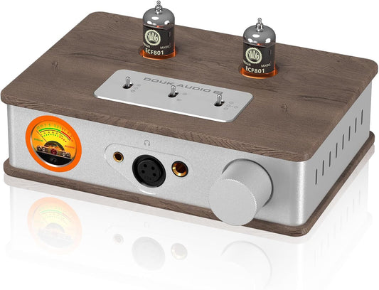 Douk E2-buizen hoofdtelefoonversterker met XLR/4,4 mm/6,35 mm/RCA uitgangen, hifi-stereo voorversterker met VU-meetapparaat voor hoofdtelefoon, thuisversterker, actieve luidsprekers