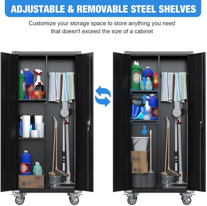 Metal Broom Cabinet, Cleaning Agent Cabinet, Multifunctional Cabinet, Metal Storage Cabinet with Wheels, Broom Cabinet with Hanging Bar, 180 x 80 x 40 cm (Black)