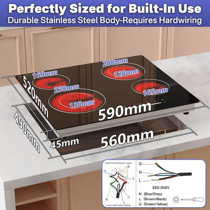 Infrarood kookpan met 4 zones, 60 cm, voor de keuken, elektrische kookplaat, 6700 W, ingebouwde kookplaat, keramische kookplaat, vier ringen, glazen kooktop