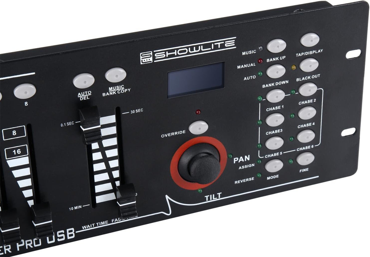 Showlite Master Pro 192-kanaals DMX-controller (voor professionele lichtsturing, USB-aansluiting voor gegevensopslag, max. 240 scènes geheugen, Midi-input: 5-polige standaardinterface)
