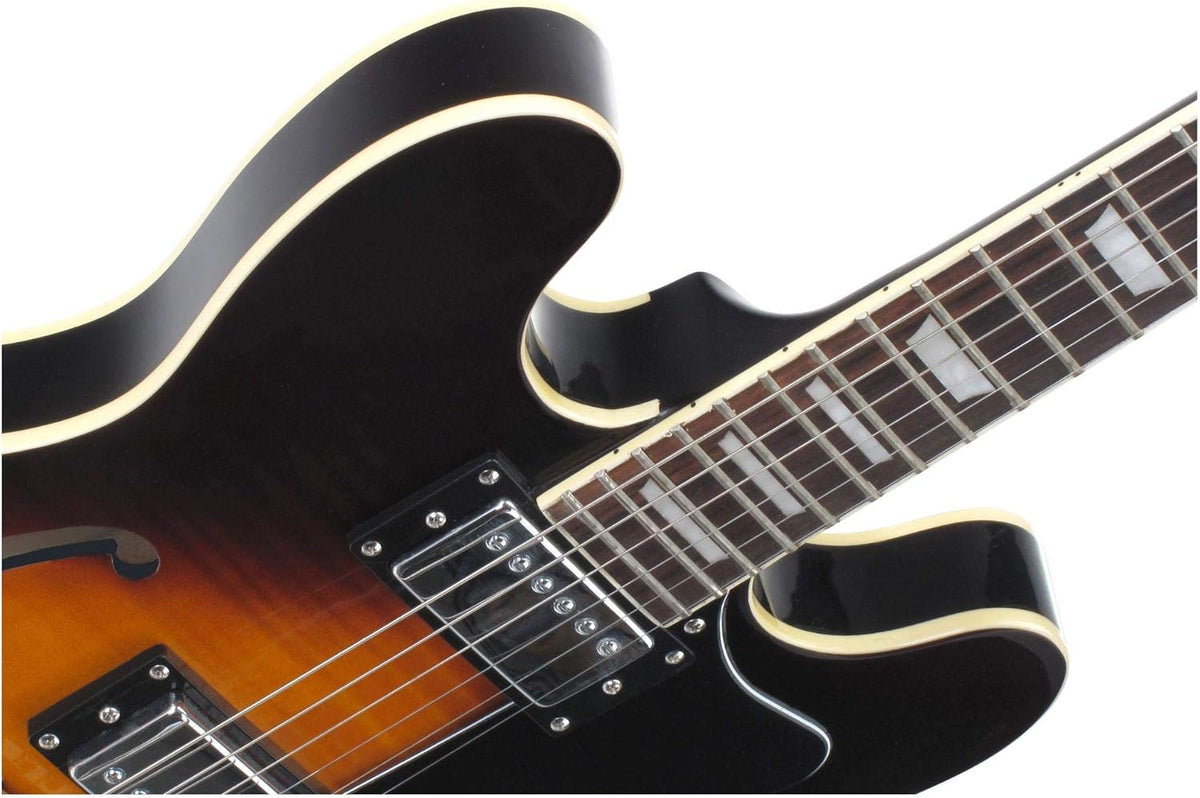 Rocktile Pro HB100-SB E-gitaar (Halvresonantie/Hollowbody body, 2 Humbucker, palissander toets, esdoorn hals, mensuur: 65 cm, zadelbreedte: 43 mm) Sunburst