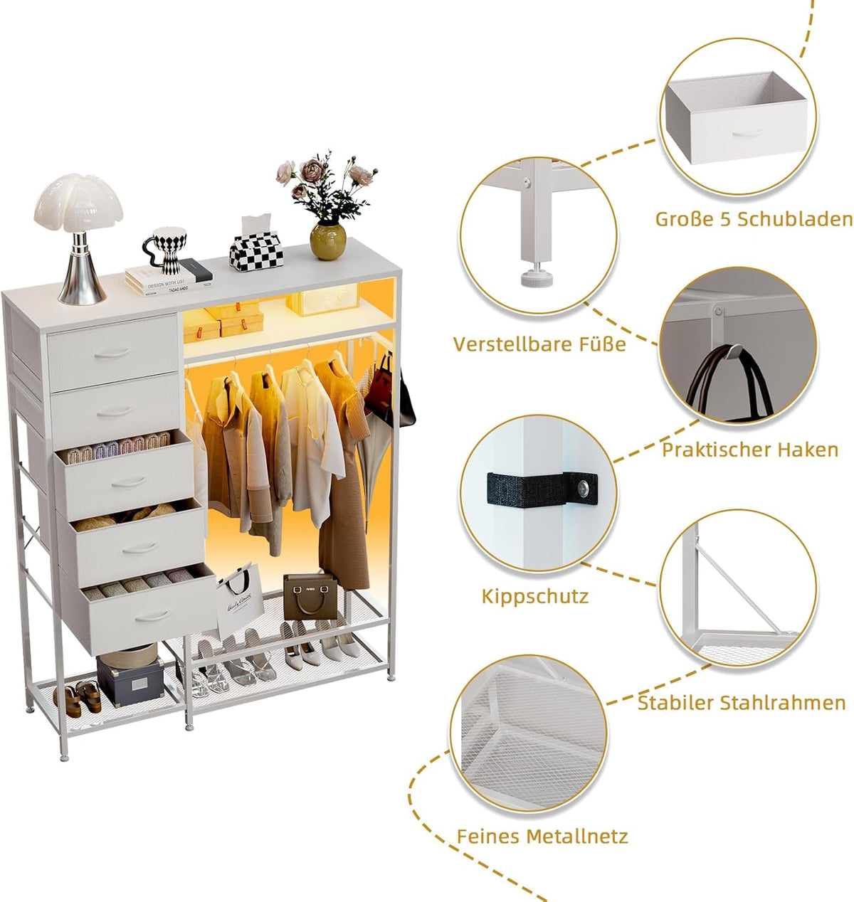 Trironsun Commode met 5 laden, kledingstang, LED-verlichting, laadstation, stoffen commode met houten plaat voor slaapkamer, woonkamer of kinderkamer (wit)