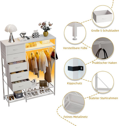 Trironsun Commode met 5 laden, kledingstang, LED-verlichting, laadstation, stoffen commode met houten plaat voor slaapkamer, woonkamer of kinderkamer (wit)