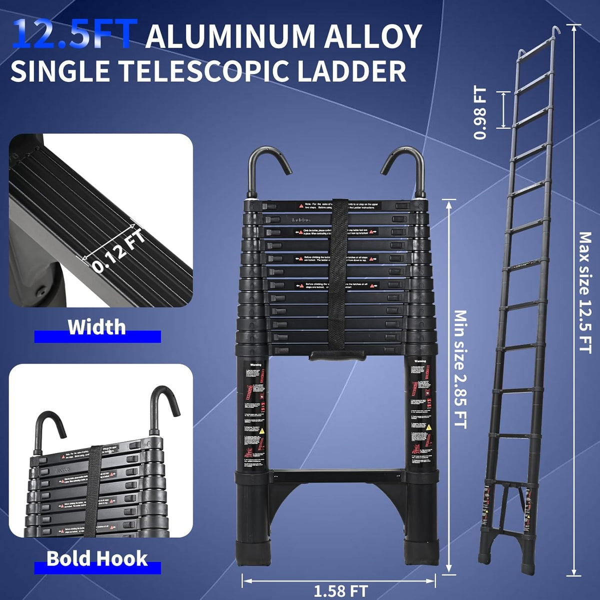 JADDUO Telescopische ladder 3,8 m, aluminium vouwladder met haken, inklapbare treeplank, multifunctionele ladder 150 kg draagkracht, trapafstand 30 cm, zwart