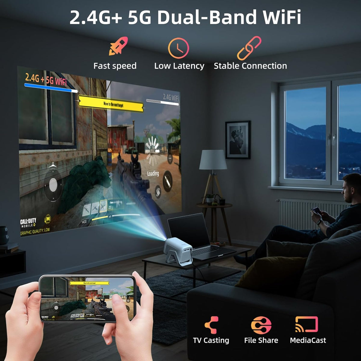 Bettdow Netflix Official, 4K mini-beamer, Full HD 1080P draaibare projector, autofocus/trapeziumcorrectie, 10.000 lumen videobeamer met Android 13, bluetooth 5.2, projector thuisbioscoop/outdoor, wit