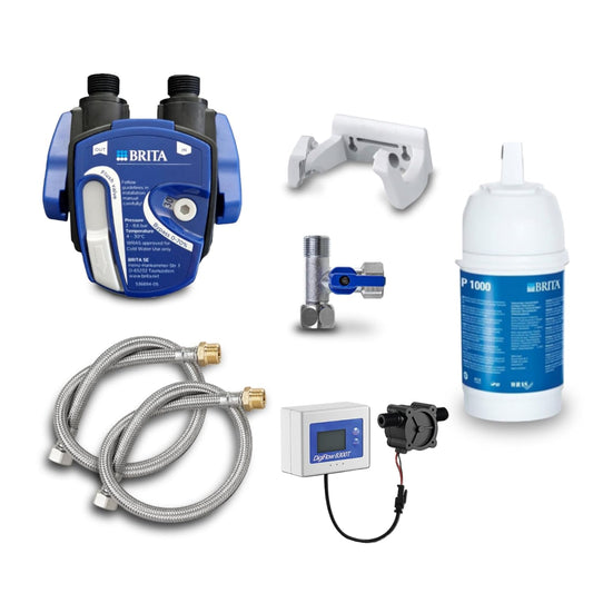 Nieuwe watergroep | ondertafel-waterfilter: BRITA filterkop, BRITA filter P1000, filterwisselindicator (Digiflow-waterklok), flexibele slang, hoekventieladapter