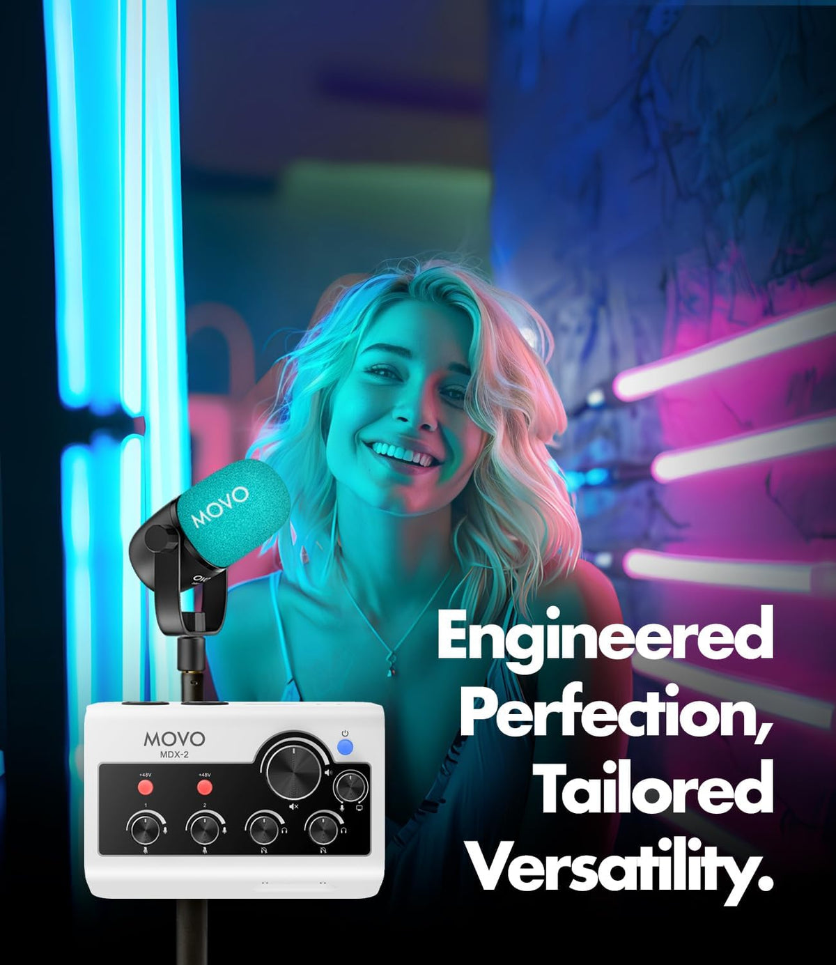 Movo Draagbare podcast-apparatuurbundel voor iPhone/Android-telefoons - Podcastkit met audio-interface, 2 CastMic dynamische microfoons, 2 tafelstandaarden - voor smartphones, computers, pc, Mac