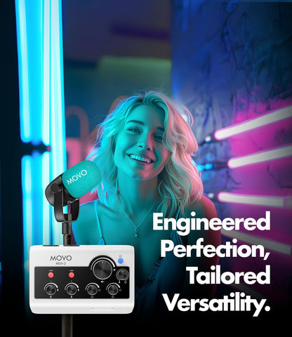 Movo Draagbare podcast-apparatuurbundel voor iPhone/Android-telefoons - Podcastkit met audio-interface, 2 CastMic dynamische microfoons, 2 tafelstandaarden - voor smartphones, computers, pc, Mac
