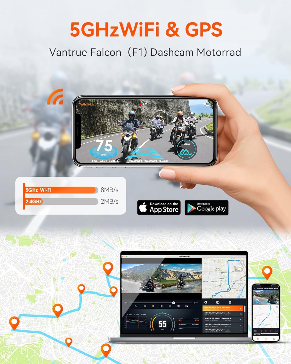 VANTRUE F1 4K + 1080P dashcam motorfiets, 5GHz WiFi GPS dashcam voor en achter, IP67, Duitse stemaanwijzingen motorcamera, 24 uur. Botsingsdetectie, Kilometerstand, WDR & HDR & App, Maximaal 512G