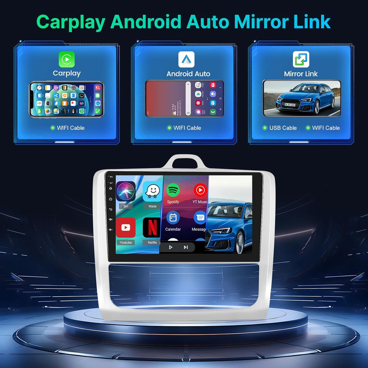 Android Car Radio for Ford Focus Exi MT 2 3 Mk2 Mk3 2004-2011 with Wireless Carplay & Android Car - 9 Inch Touch Screen Car Radio with WiFi GPS Mirror Link DSP FM/RDS SWC+ AHD Backup Camera