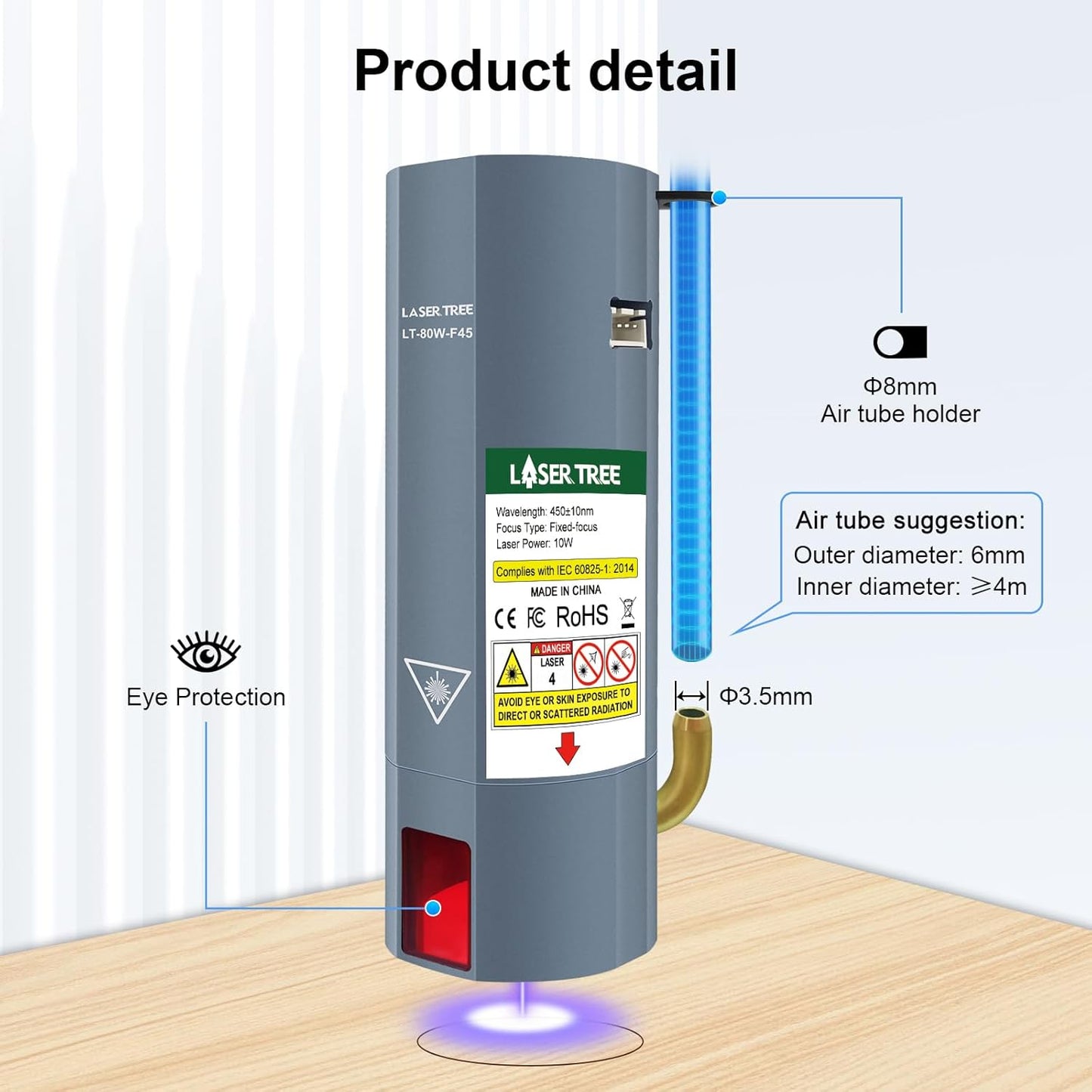 LASER TREE CNC 3018 Lasermodule Kit, 10W optisch vermogen laserkop met luchtondersteuning, vaste brandpuntsafstand 45mm lasergraveermodule, dubbele puntcompressie Compatibel met CNC 3018 machine, 12V