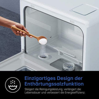 AIRMSEN Tafelvaatwasser, mini-vaatwasser met zachtwaterinstallatie, 7+2 programma's en 5 l watertank, compacte vaatwasser met/zonder wateraansluiting, ideaal voor woningen en camper, wit