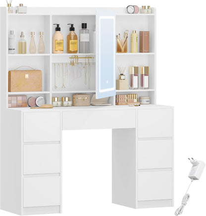 Hzuaneri Dressing Table with Lighting, Dressing Table with Large LED Mirror, Adjustable Brightness, with 7 Drawers, 4 Shelves for Bedroom, Storage Space Behind the Mirror, White DT43203XEU