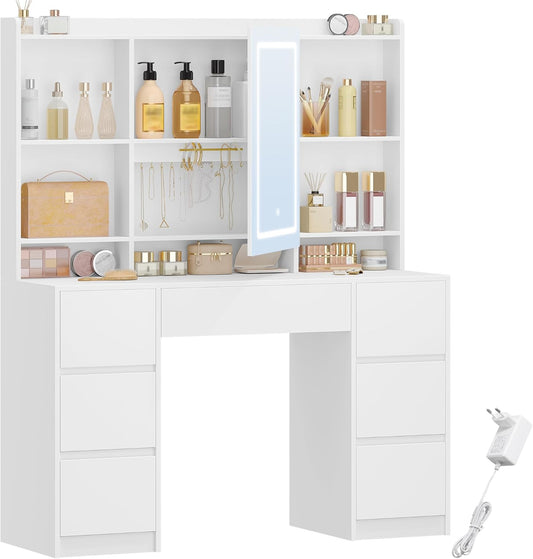 Hzuaneri Dressing Table with Lighting, Dressing Table with Large LED Mirror, Adjustable Brightness, with 7 Drawers, 4 Shelves for Bedroom, Storage Space Behind the Mirror, White DT43203XEU