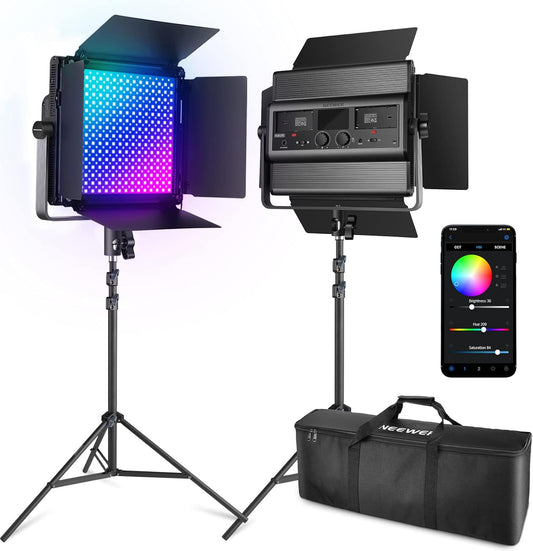 RGB Videolamp Set van 2 – Videolicht – Studiolicht – Fotolicht – Continu Licht – 2x60W, 22.000 Lux @ 0,5 m – 1% Nauwkeurig Dimmen, 360° RGB, 2500K-8500K, CRI97+/TLCI98+