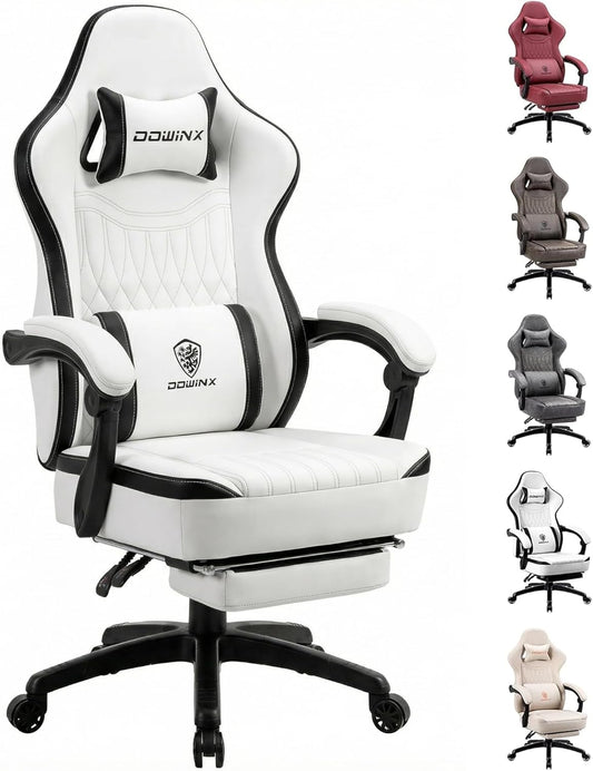 Dowinx Gaming Chair, Breathable PU Leather Gaming Chair with Pocket Spring Cushion, Ergonomic Computer Chair with Lumbar Support, Adjustable Swivel Office Chair with Footrest (Black & White) - QUORE