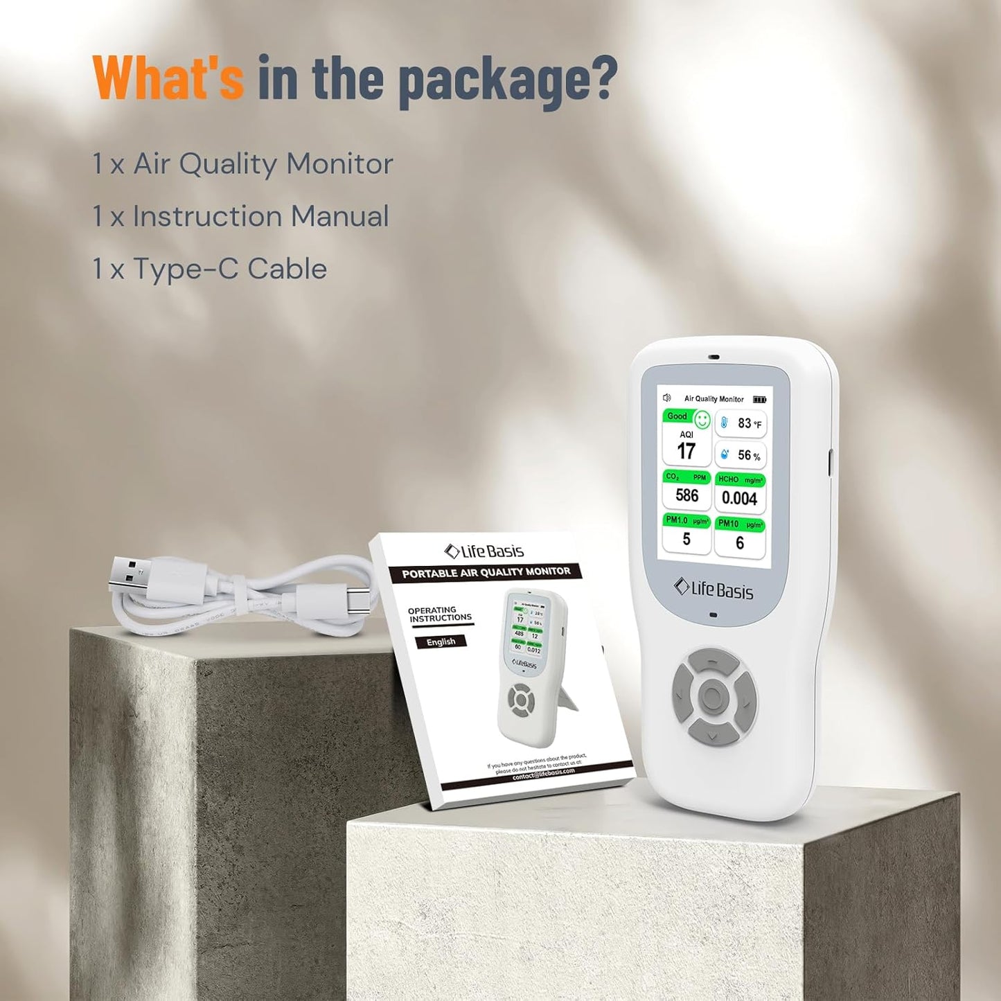 LifeBasis 10-in-1 luchtkwaliteitsdetector, formaldehyde-detector, AQI-vervuilingsmonitor met temperatuur en luchtvochtigheid voor het testen van PM2.5/PM10/HCHO/TVOC/CO2, USB-oplaadbaar, voor thuis en