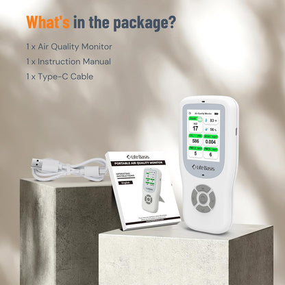 LifeBasis 10-in-1 luchtkwaliteitsdetector, formaldehyde-detector, AQI-vervuilingsmonitor met temperatuur en luchtvochtigheid voor het testen van PM2.5/PM10/HCHO/TVOC/CO2, USB-oplaadbaar, voor thuis en