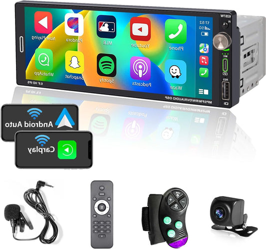 Car Radio 1 DIN with Screen (6.9") Compatible with Apple CarPlay [Wireless] Android Car Bluetooth FM/RDS Radio USB (Type-C 2.1A Fast Charging) Rear View Camera - QUORE