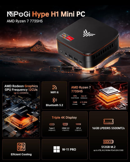 NiPoGi Hyper H1 Mini PC W-11 PRO AΜD Ryzen 7 7735HS (max. 4,75 GHz, 8C/16T) 16GB LPDDR5 5500MHz / 512GB M.2 NVMe SSD, Desktop-PC voor Kantoor en Gaming, 4K Drievoudig Scherm/WiFi 6 / BT5.2 / VESA