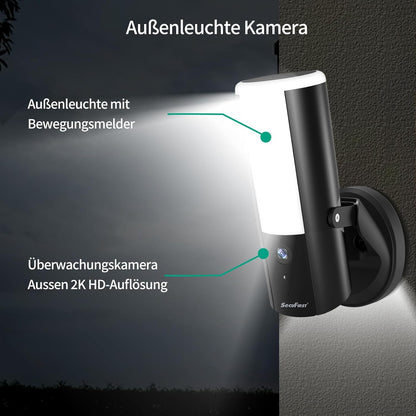 SecuFirst Beveiligingscamera's met Wandlamp, Video Camera Beveiliging met Bewegingssensor Buiten, Security Bedraad Buitenlicht,900 lm, 10 W, 2K buitenbewaking met LED-spotlight, set van 2