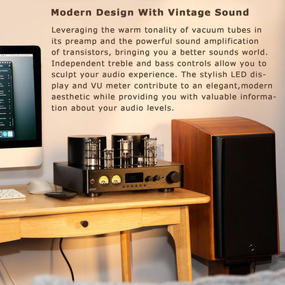 Juson Audio JTA100 200 W vacuümbuisversterker, geïntegreerde hybride met BT 5.0, Optisch AUX RCA Phono-ingang en hoofdtelefoonuitgang, 2.1CH Class AB, hifi home audio voor platenspeler