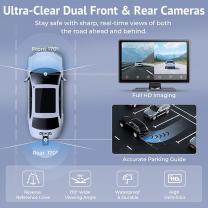 CarPlay Draagbaar autoscherm, IPS HD, 9 inch, draadloos CarPlay en Android Auto Touchscreen met SuperLink camera, 4K achteruitrijcamera, 1080p gesp opname