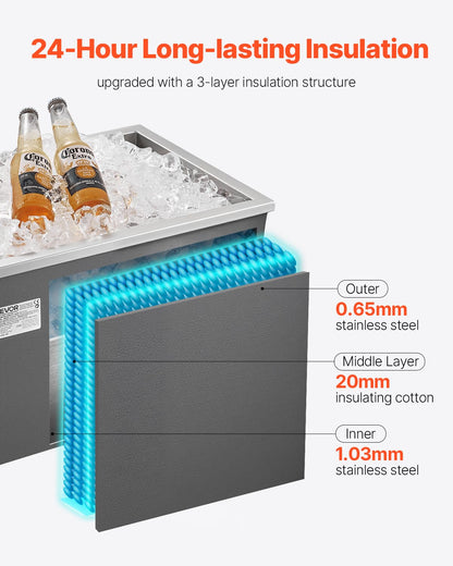 VEVOR Drop in Ice Chest, 508 x 355 x 306mm (508 x 355 x 306mm) Stainless Steel Drop in Cooler, 30L Commercial Ice Bucket with Jar Lid for Outdoor, Drain Pipe Set Included, for Cold Wine Beer