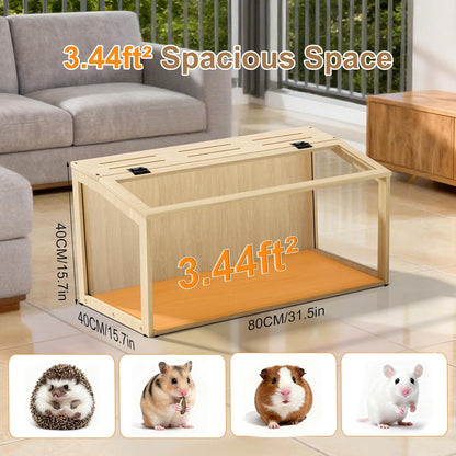 BingoPaw Hamsterkooi, hout, kooi voor kleine dieren, knaagdierenkooi, muizenkooi met inklapbaar deksel, 80 x 40 x 40 cm, naturel