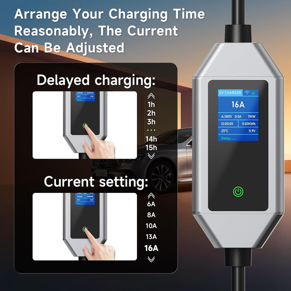 Oplaadkabel Elektrische Auto – EV Oplader – Type 2 Kabel – Schuko Laadkabel – Draagbare Autolader – 6 Meter – 3,68 kW 1-Fasig – Instelbare Stroom 6-16A – Vertraagd Opladen 1-15 Uur