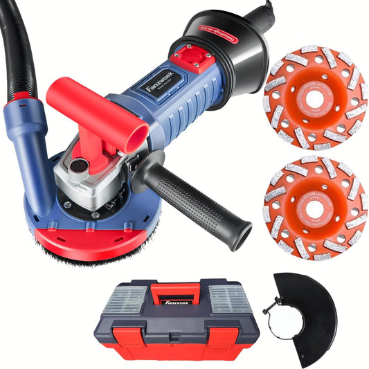 FANZWORK 1500 W betonschuurmachine, betonfreesset, toerentalregelbaar, incl. premium 125 mm diamantslijpkop, afzuigkap, T-vormige handgreep (met 2 x 125 mm slijpkoppen)