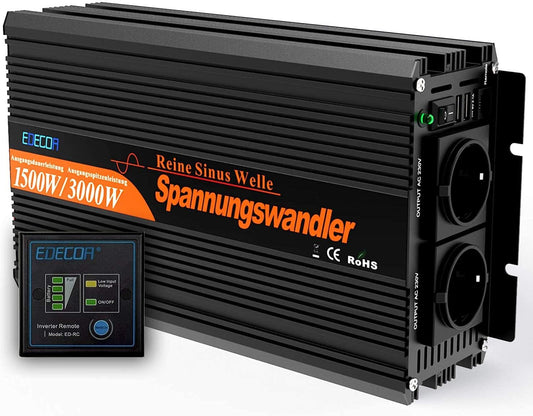 Power Inverter 1500W 12V – Zuivere Sinusomvormer – Spanningsomvormer – Omvormer 12V Naar 230V – Stroomomvormer – Met Afstandsbediening – Aluminium Behuizing