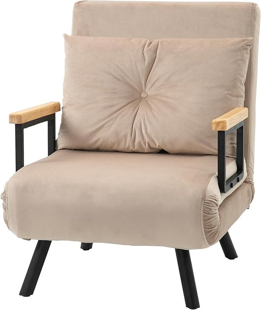 HOMCOM Sofa Bed, Folding Bed with Bed Function, Relax Chair with Back Cushion, Upholstered Sofa with Adjustable Backrest, Velvet Look, 63 x 73 x 81 cm, Beige - QUORE