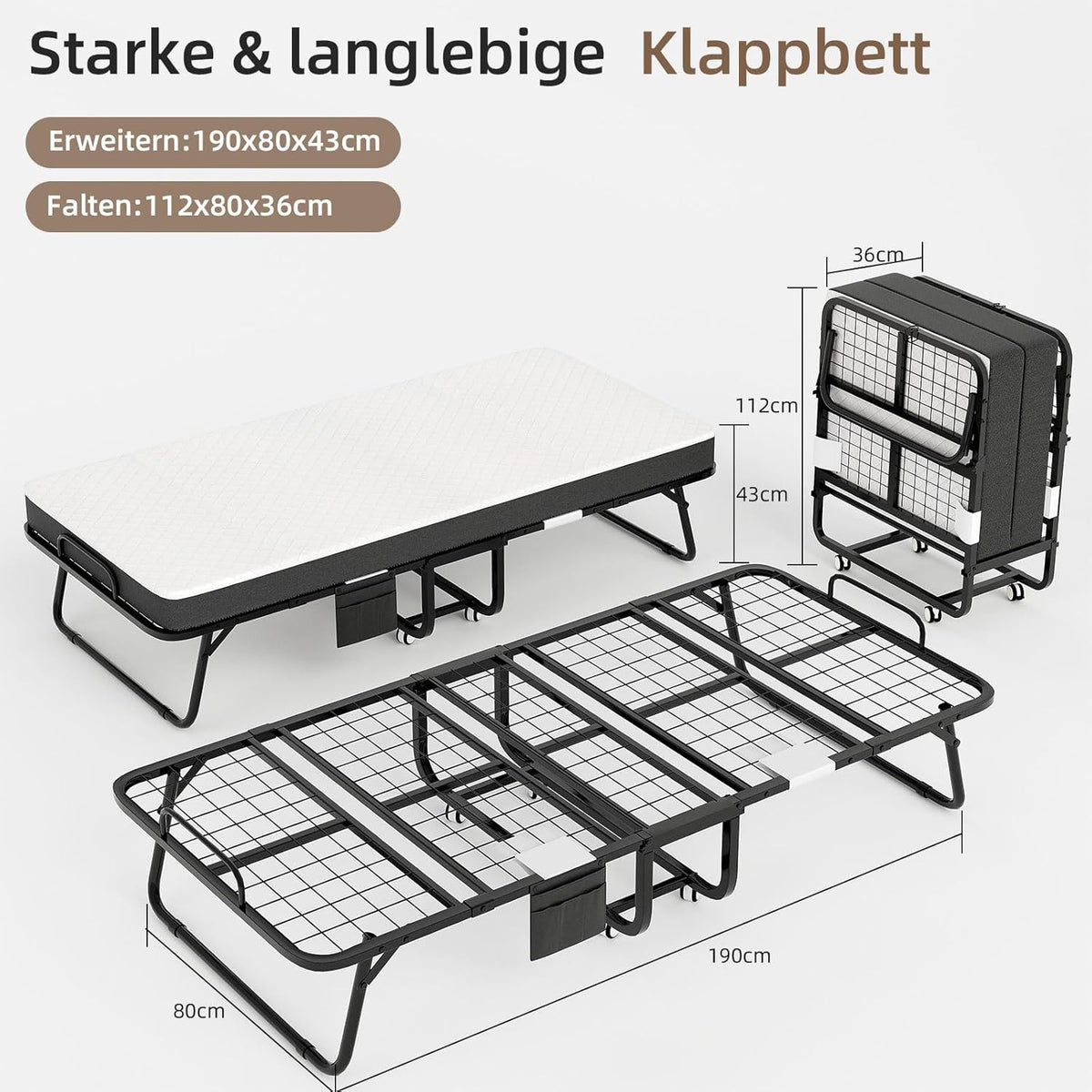 Deluxe opklapbed (incl. 13 cm dik traagschuimmatras), inklapbaar logeerbed, volwassenen 80 x 190 cm, metalen klapframe, versterkt metalen rooster, stofbestendige opbergtas, belastbaarheid 200 kg