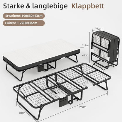 Deluxe opklapbed (incl. 13 cm dik traagschuimmatras), inklapbaar logeerbed, volwassenen 80 x 190 cm, metalen klapframe, versterkt metalen rooster, stofbestendige opbergtas, belastbaarheid 200 kg