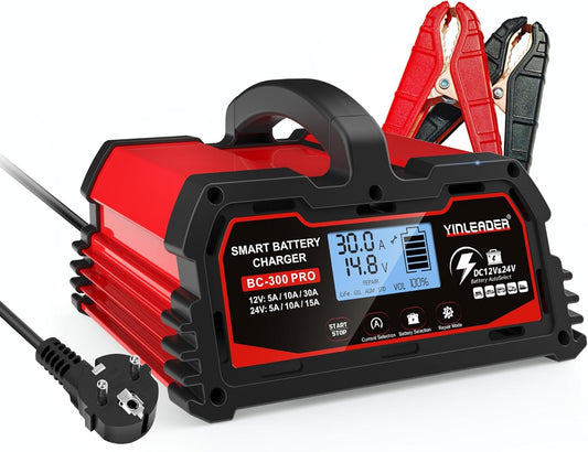 Yinleader Acculader voor auto, 30 A, 12 V/24 V, volautomatisch, intelligent, met lcd-display